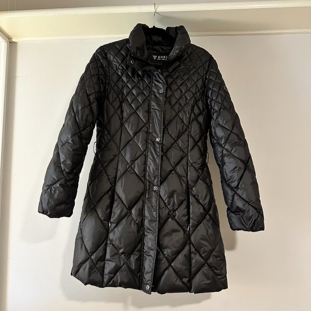 Women's Guess Black Knee-Length Puffer Jacket Small